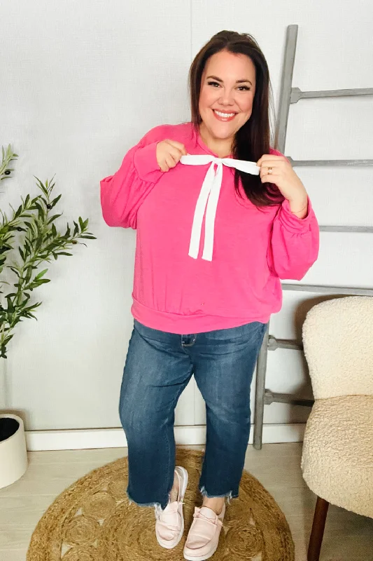 Pretty In Pink French Terry Bow Tie Drop Shoulder Pullover Notched Neck Pullover