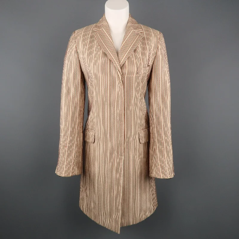 DRIES VAN NOTEN Size 4 Beige & Red Striped Silk / Linen Notch Lapel Coat Appliqued Beaded Sequined