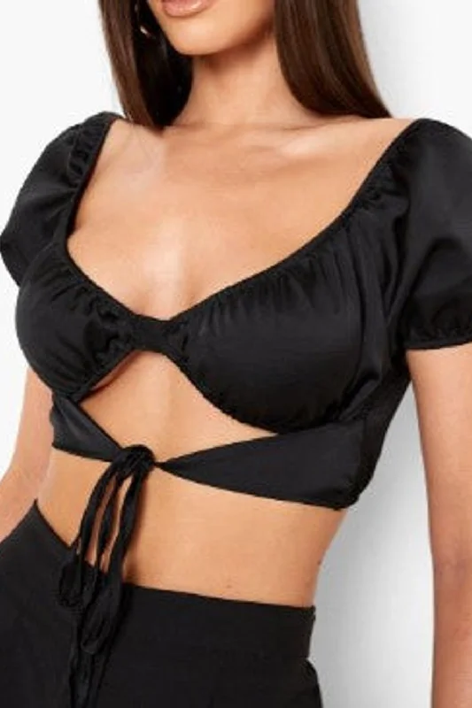 Black Satin Puff Sleeve Tie Front Crop Top Rayon Fabric Velvet Fabric Corduroy Fabric