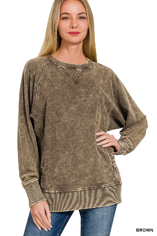 Brown Acid Washed French Terry Pullover Bell Sleeve Stylish