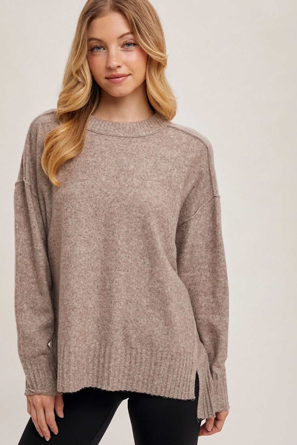 Crew Neck Knit Sweater Pullover Holiday Latte Faux Fur Trim