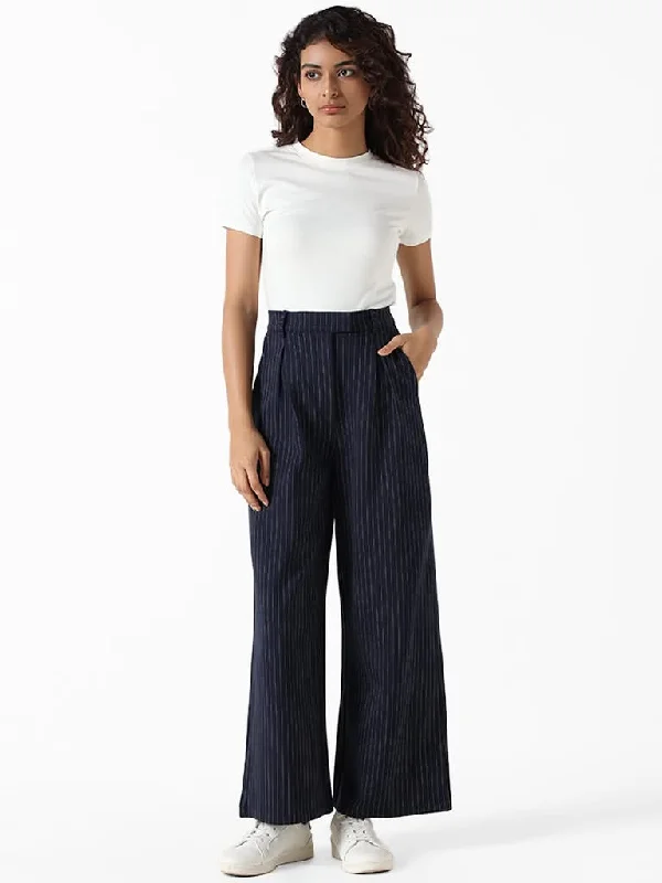 Nuon Navy & White Striped Trousers Trousers fashionable trendy