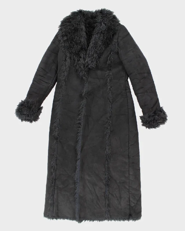 Womens Black Bebe Faux Suede and Fur Long Coat - L Satin Silk Chiffon
