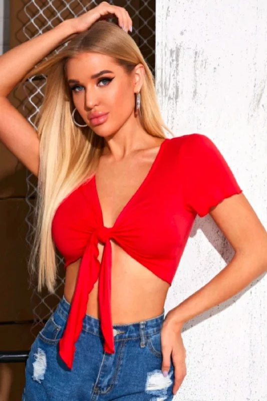 Red Knot Front Crop Top Handmade Hand-knitted Hand-woven