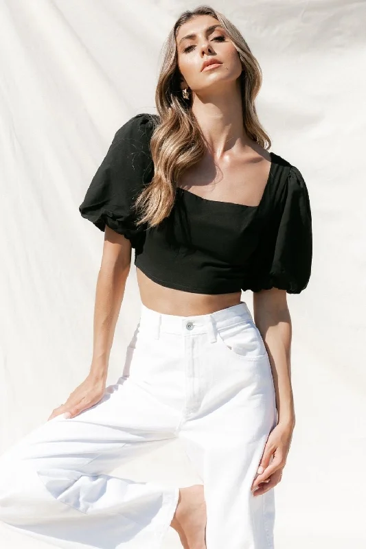 Criss Cross Back Black Crop Top Chenille Blend Fleece Blend Nylon Blend
