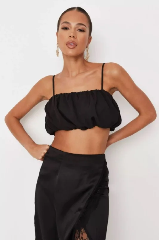 Cute Black Puff Cami Crop Top Lace Blend Ribbed Blend Corduroy Blend