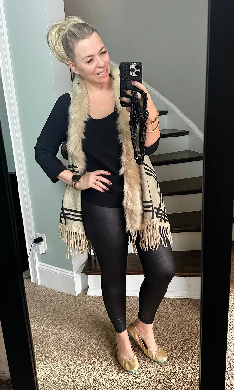 Pleather Ankle Leggings - Black Faux Leather Cozy Full-Length Workout Leggings