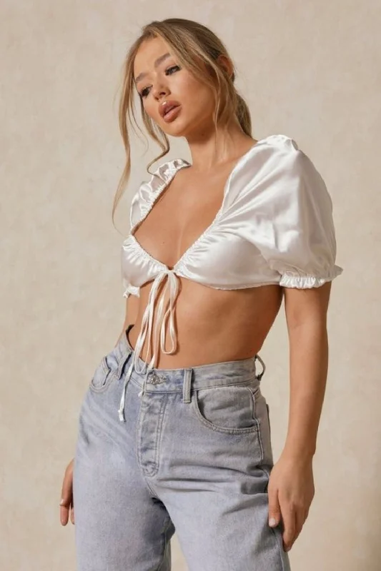 Plunge Neck Tie Knot Detail Satin Crop Top Zippered Buttoned Snapped