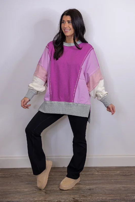 Cozy Trends Magenta Colorblock Pullover Oblong Neck Pullover