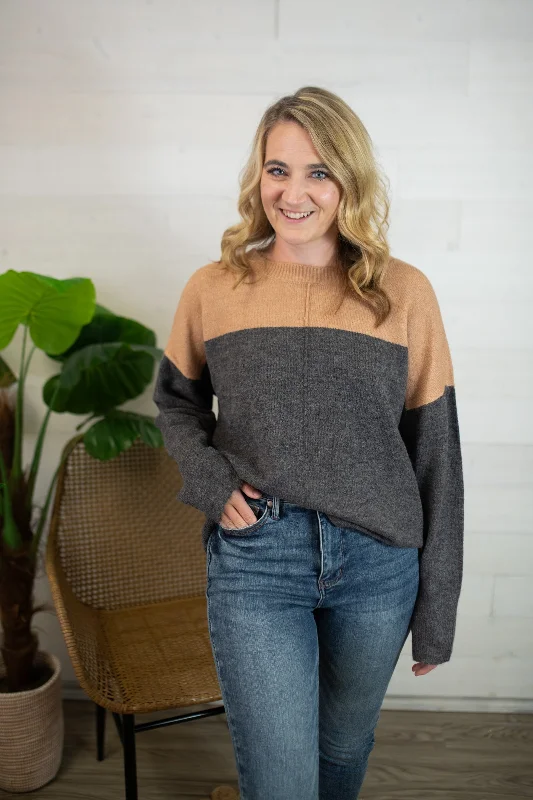 Contrast Long Sleeve Knit Pullover Sweater-Charcoal Kimono Neck Pullover