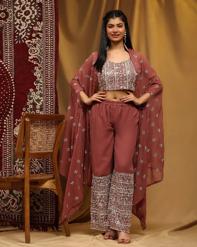 Maroon Crop Top Georgette Palazzo Suit With Shrug Anti-Pilling Machine Wash Handmade Maroon Crop Top Georgette Palazzo Suit With Shrug Anti-Pilling Machine Wash Handmade
