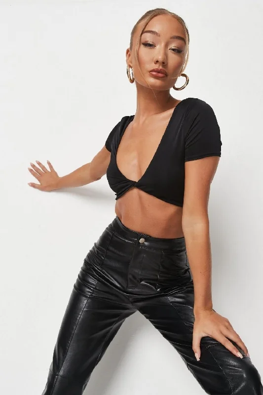 Black Slinky Twist Front Crop Top Welt Pockets Slit Pockets Flap Pockets