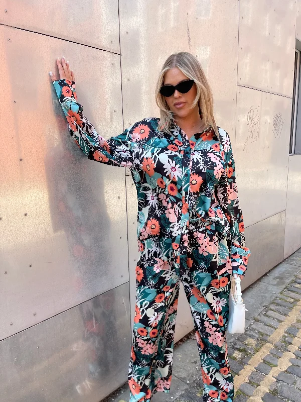 Garden Floral Wide Leg Trousers Wide Leg Loose Fit Mid Waist