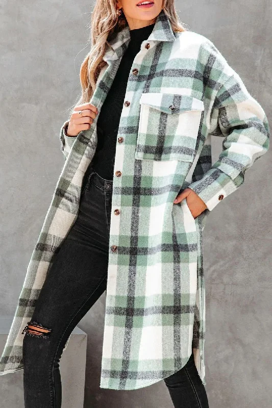 WOMEN LONG PLAID PATTERN BUTTONED WINTER COAT Trim Padded Insulated
