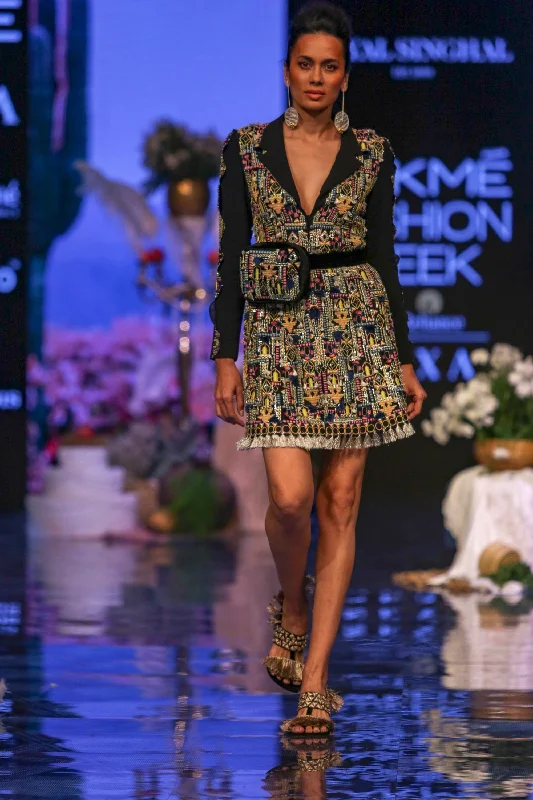 Black Embroidered Coat Dress Fleece Down Feather