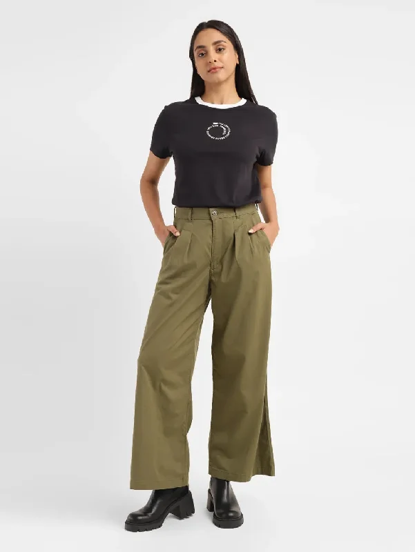 Women's High Rise Olive Loose Fit Trousers Trousers Spring Floral