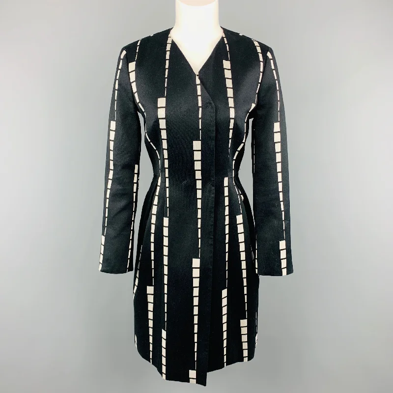 ETRO Size 6 Black & White Geometric Stripe V Neck PLeat Skirt Coat Bolero Crop Top Camisole