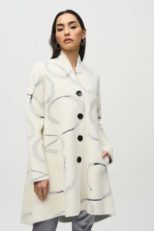 Joseph Ribkoff Vanilla/Black Abstract Feather Yarn Jacquard Coat 244930 Sleeveless Short Sleeve Long Sleeve