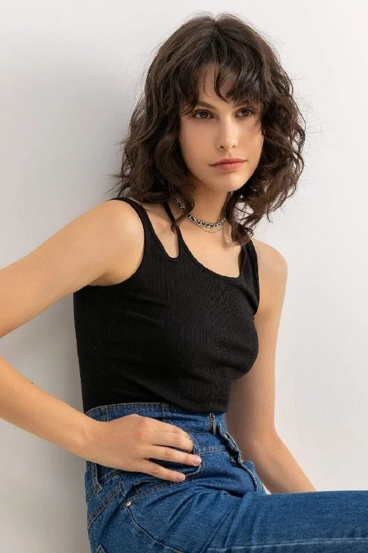 Cut Detail At Shoulder Crop Top Mesh Canvas Denim