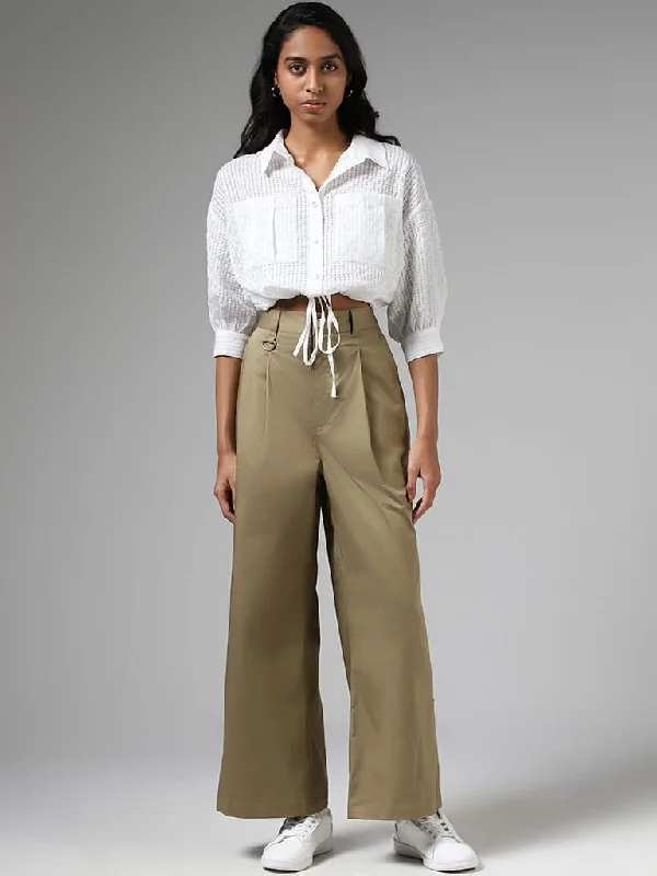 Nuon Solid Olive Green Wide-Leg Trousers Trousers Business Professional