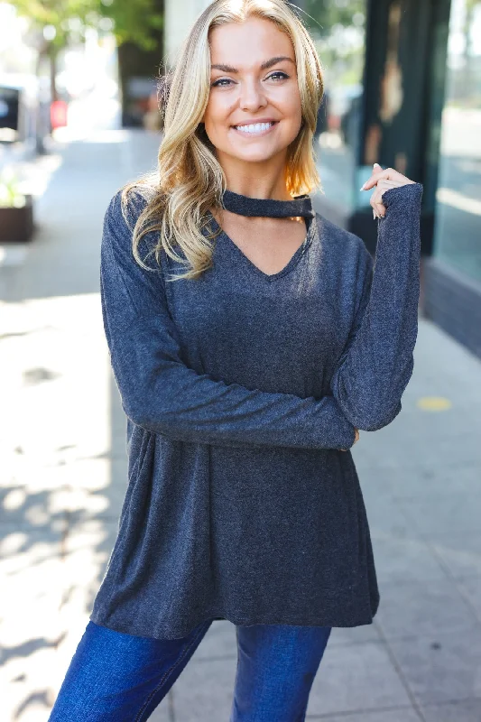 Casual Chic Solid Grey Choker Long Sleeve Hacci Pullover Ribbed Crew Neck