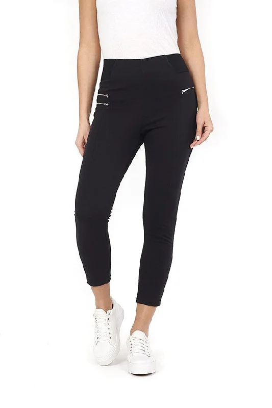 BLACK PANELLED DESIGN ZIP DETAIL LEGGINGS Casual Slim-Fit Leggings
