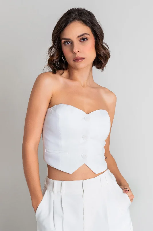Crop top strapless ajustado con botones Asymmetrical Pockets Print
