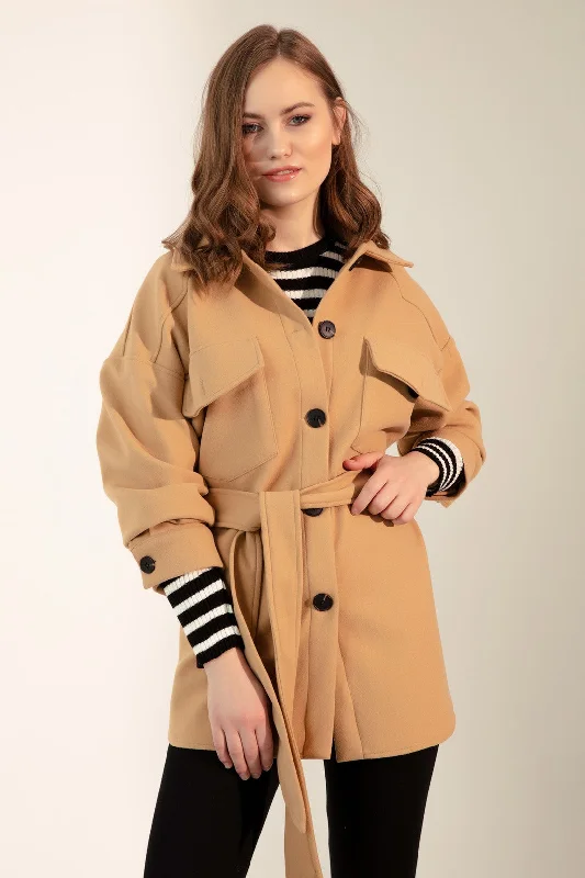 Short Stamp Coat With A Woman Belt Asymmetrical Collar Hooded Zippered