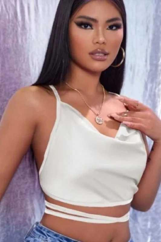 Lazy White Cowl Neck Crop Top Mesh Blend Leather Blend Suede Blend