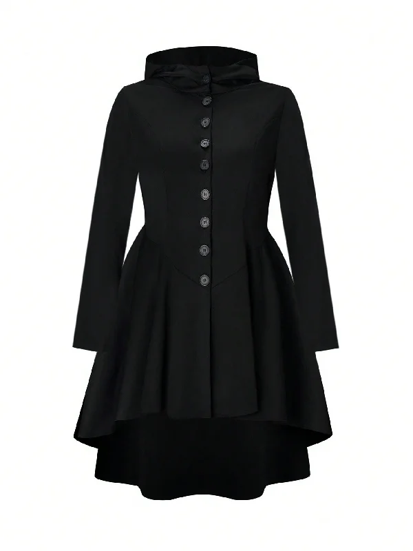 The Bell Tower Plus Button Front High Low Hem Hooded Coat Striped Polka Dot Solid