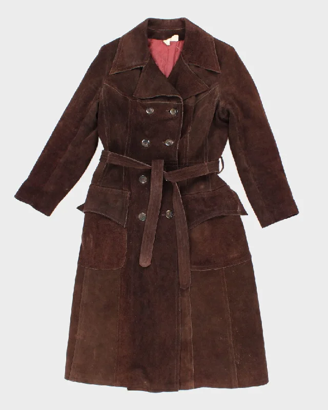 Vintage Woman's Brown Suede Button Up Coat - M Asymmetrical Collar Hooded Zippered