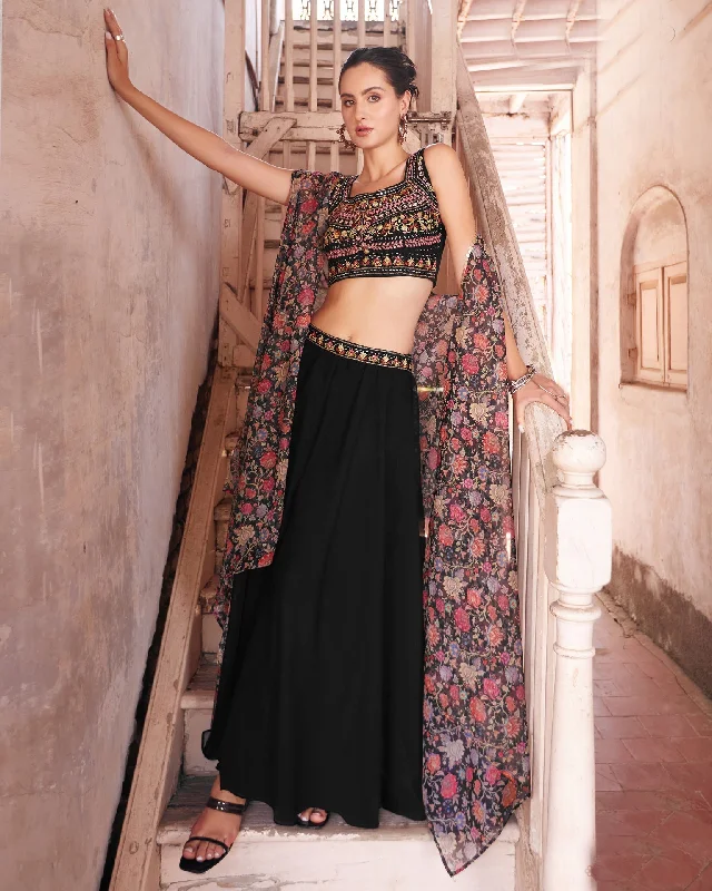 Black Crop Top Sharara Suit With Cape In Georgette Fabric Plaid Crop Top Polka Dot Checkered Black Crop Top Sharara Suit With Cape In Georgette Fabric Plaid Crop Top Polka Dot Checkered