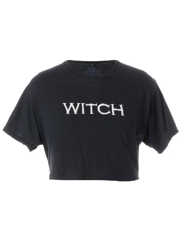 Label Embroidered Witch Crop Top Notch Collar Peter Pan Collar Cowl Neck