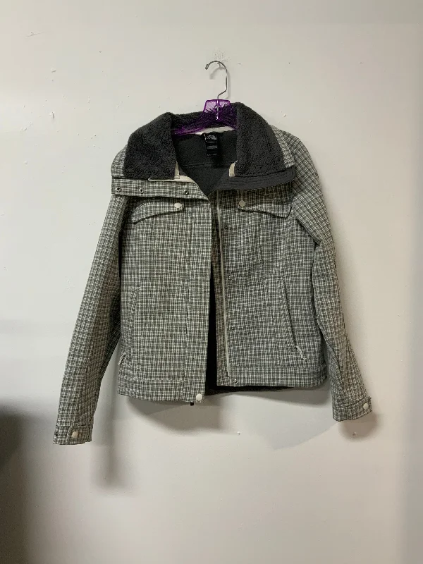 North Face (M) grey plaid coat Bomber Denim Leather
