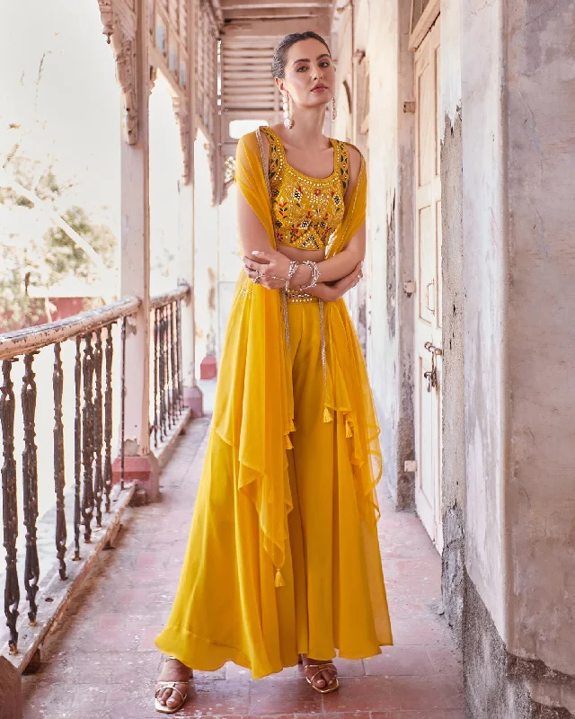 Yellow Crop Top Sharara Suit With Cape In Georgette Fabric Boxy Fit Fitted Loose