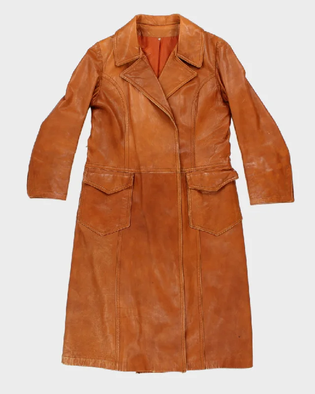 Women's Vintage Tan Leather Long Coat - M Cape Coat Herringbone Coat Tweed Coat