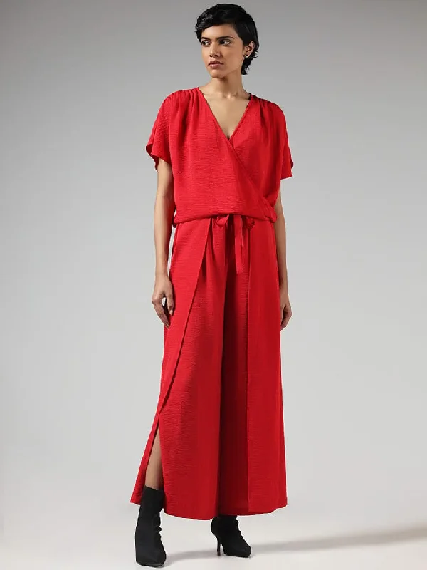 LOV Solid Red Cotton Side Slit Cut Trousers Trousers Running Lightweight