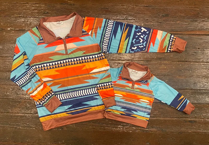 Turquoise Aztec Pullover Three Quarter Sleeve