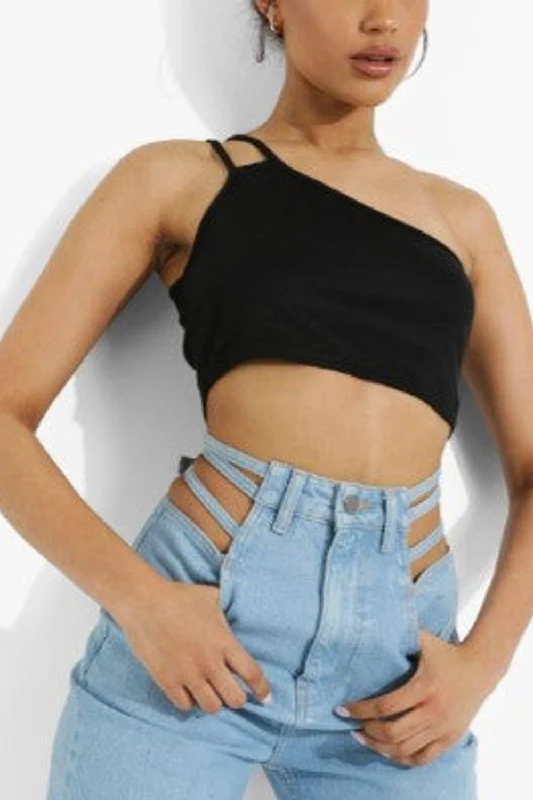Black One Shoulder Rib Crop Top Layered Multi-layer Single Layer
