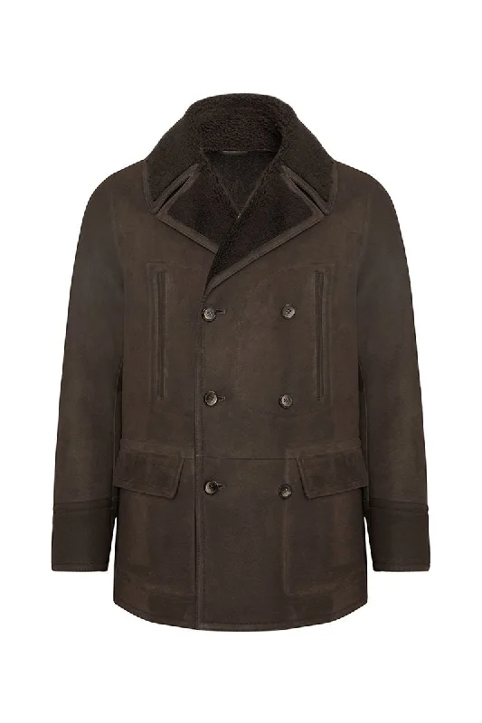 Anthony Men's Shearling Double Breasted Coat - Brown Cape Coat Herringbone Coat Tweed Coat Anthony Men's Shearling Double Breasted Coat - Brown Cape Coat Herringbone Coat Tweed Coat