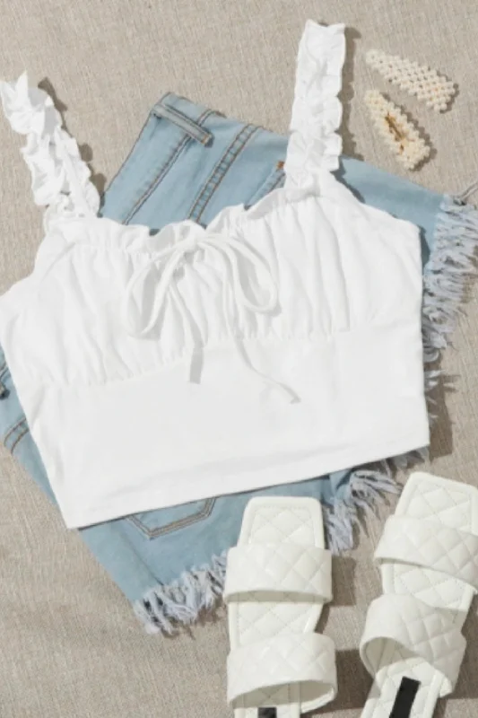 Frilled Strap Ruched Bust Crop Top Rayon Velvet Corduroy