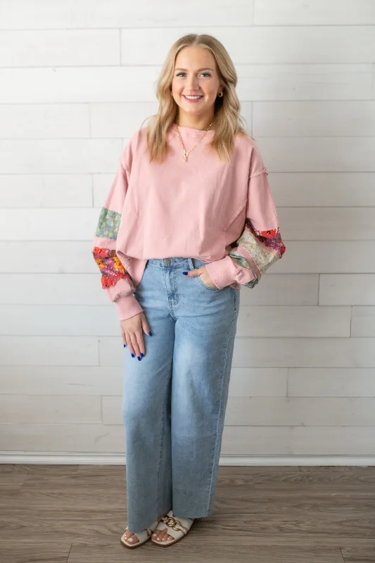 Easel Soft Washed Terry Knit Pullover-Dusty Rose Tapered Sleeve Pullover