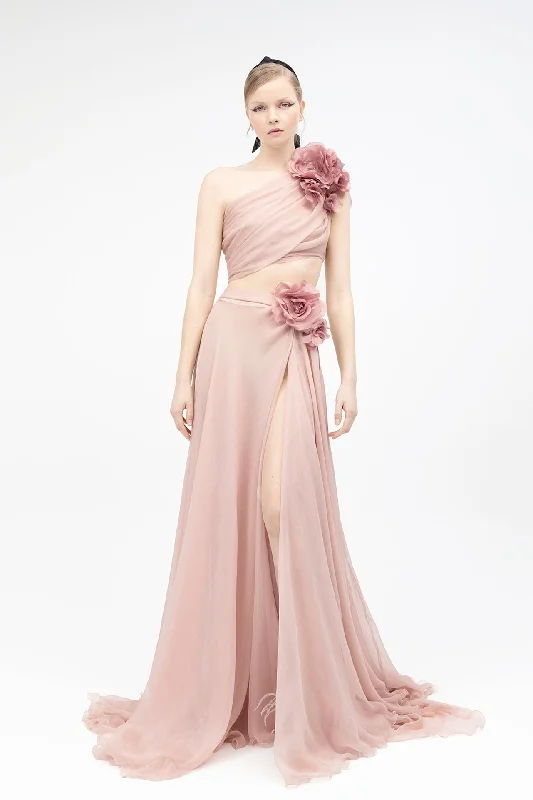 Asymmetrical crop top with flowing skirt in bambula chiffon Hooded Caped Shawl Collar Asymmetrical crop top with flowing skirt in bambula chiffon Hooded Caped Shawl Collar