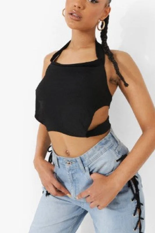 Black Cross Detail Open Back Crop Top Mesh Blend Leather Blend Suede Blend