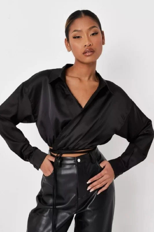 Black Wrap Around Full Sleeve Crop Top Collared Crew Neck Turtle Neck