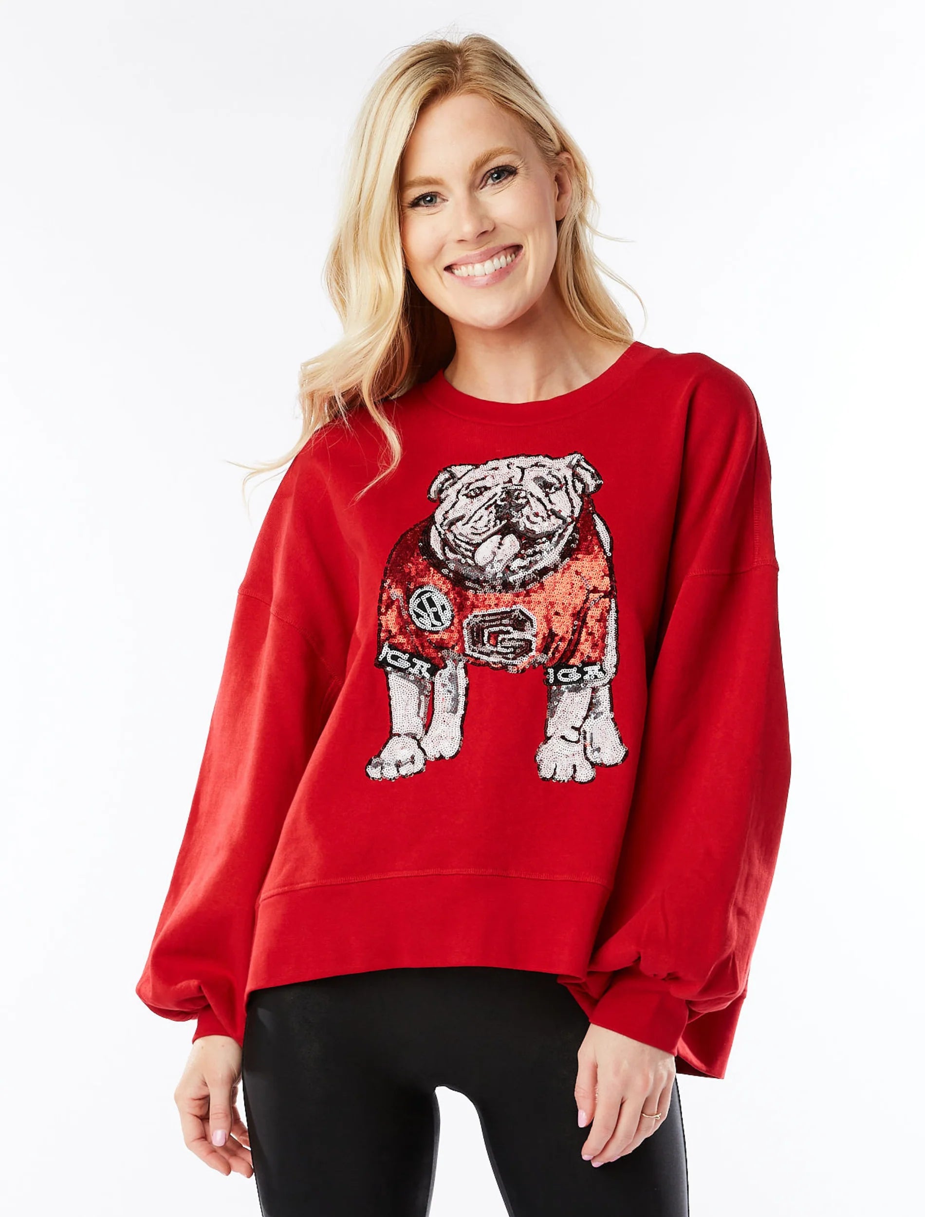 UGA Red Sequin Bulldog Pullover Fitted Ribbed Sweater