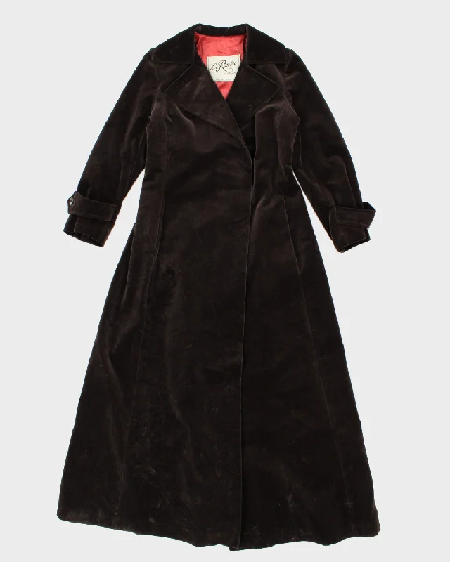 Womens 1970s Vintage Brown Velvet Long Coat - S Sequined Lace Ribbed