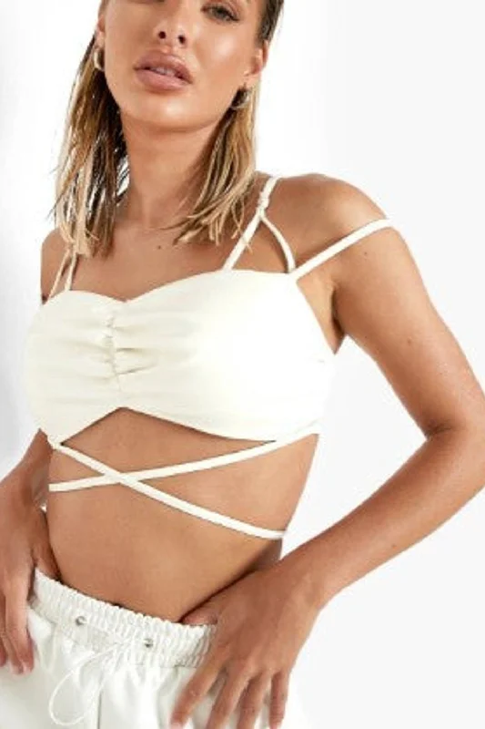 White Pu Strap Detail Crop Top Boxy Fit Fitted Loose