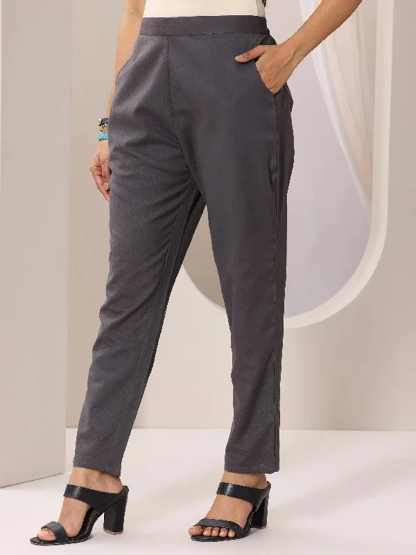 Grey Solid Cotton Trousers Trousers Gym Athletic