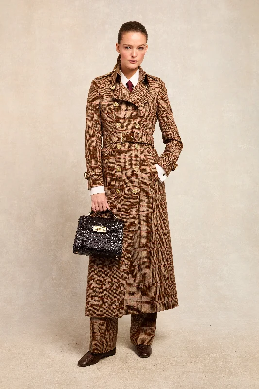 Full Length Marlborough Trench Coat (Clarence Check Merlot) Boat Shawl Notched